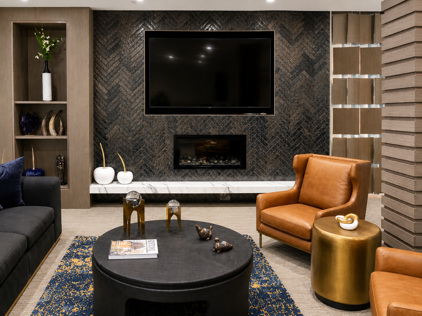 Contemporary living room with tiled fireplace, marble hearth, and leather lounge chairs.