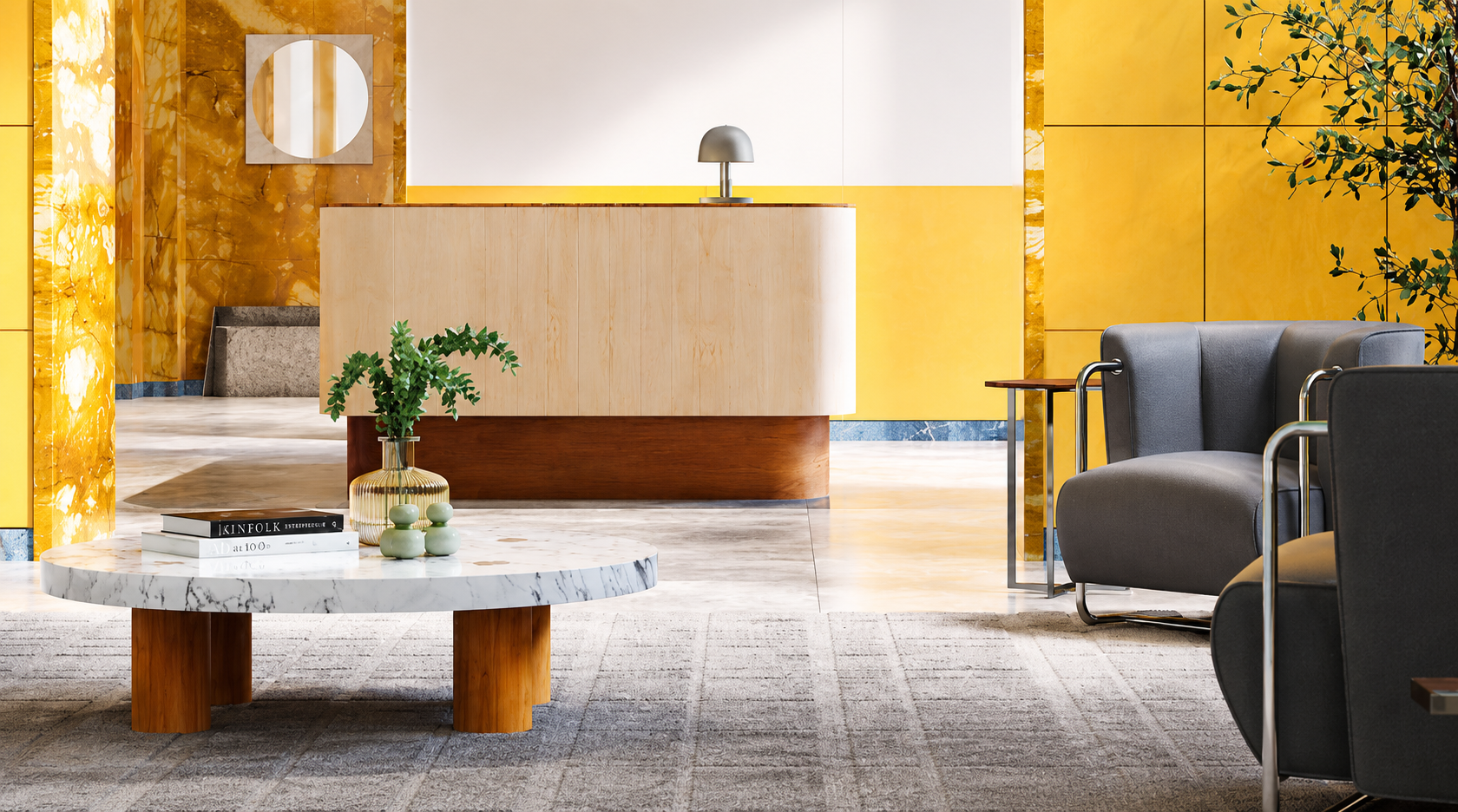 Modern lobby with marble coffee table, wood reception desk, and lounge seating.